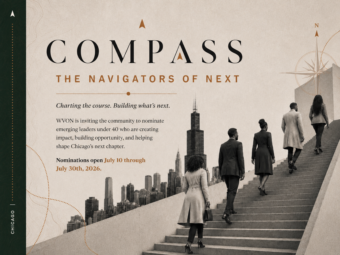COMPASS — The Navigators of Next. Chicago skyline with business leaders ascending a staircase.